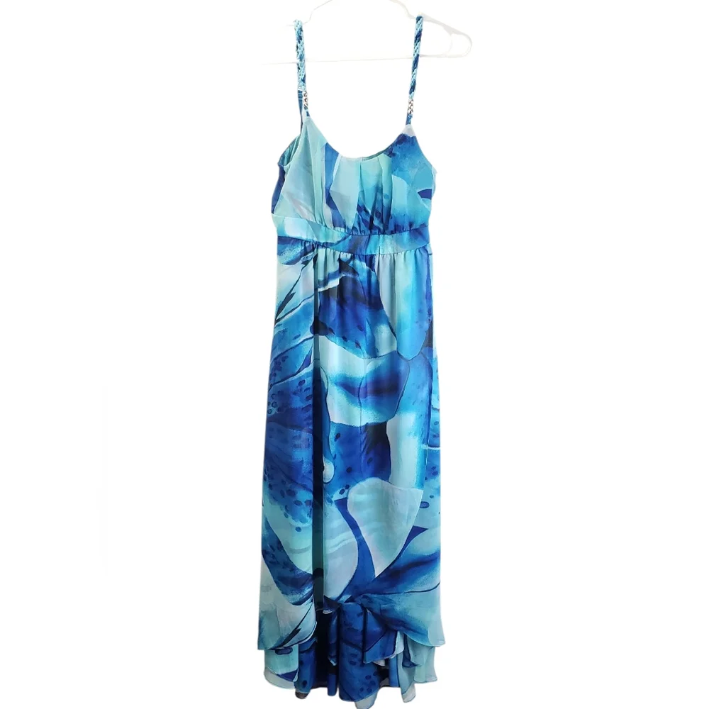 Coastal Resort Blue Floral Empire Waist High Low Dress Sz 6 Mermaid Ethereal - Picture 3 of 14